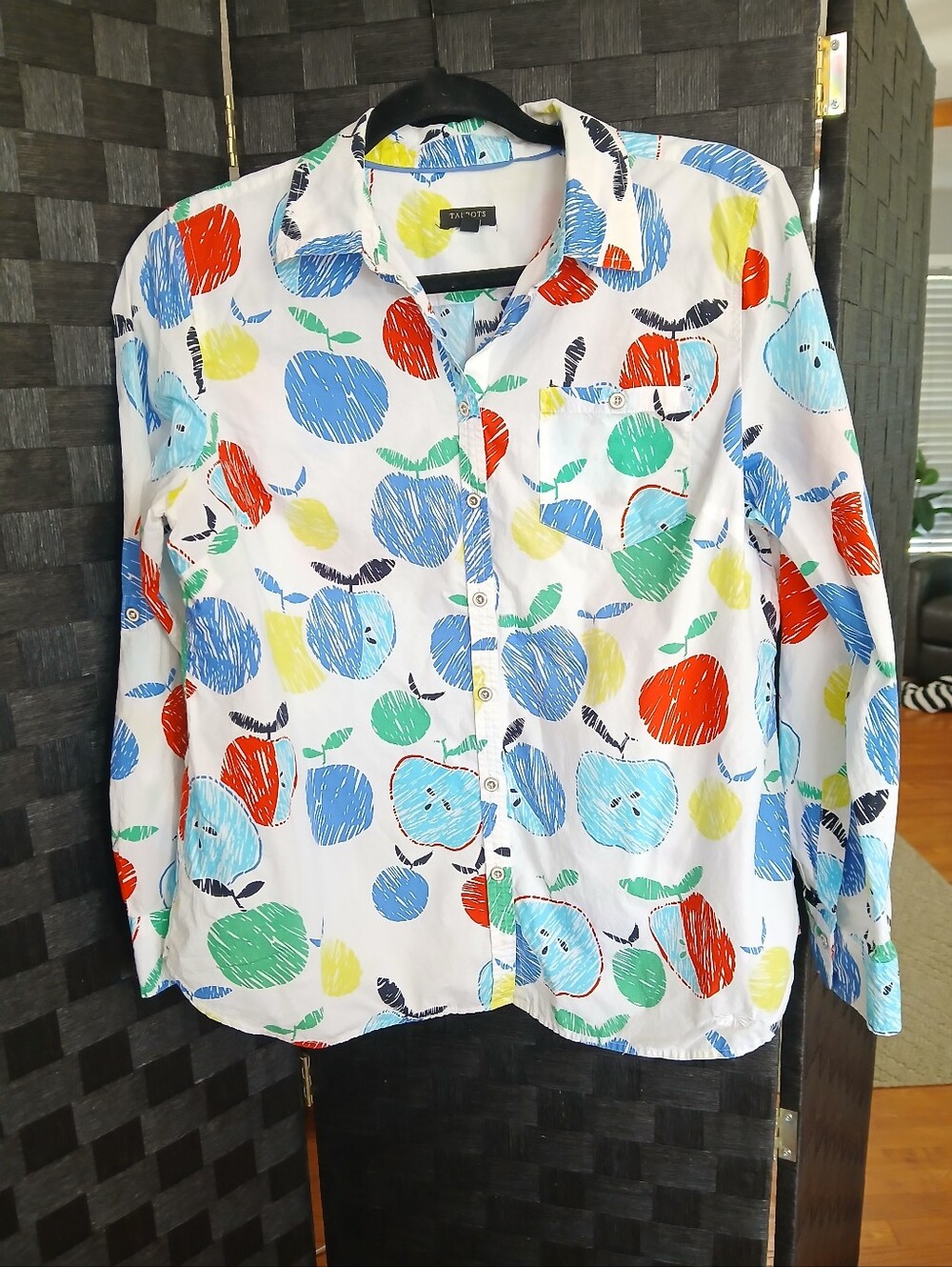 Talbots White Button-Down Shirt with Multicolor Apple Print Teacher Artsy